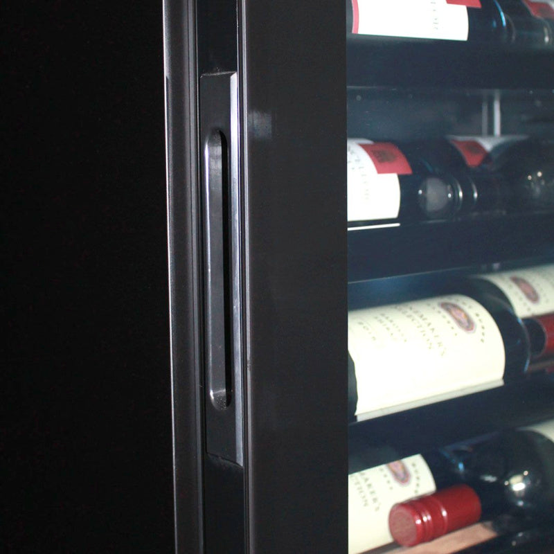Wine Fridge | 209 Litre Upright showing close up view of handle and triple glazed Low E Glass