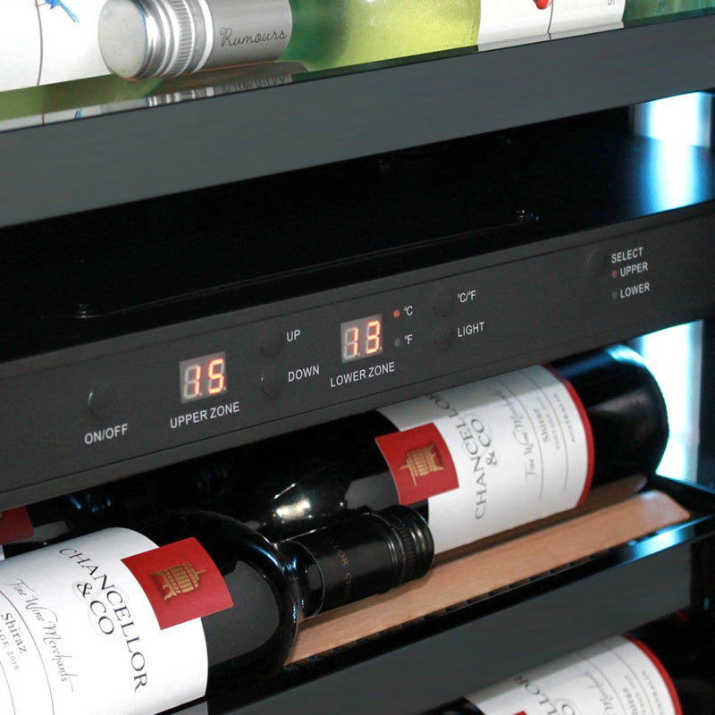 Wine Fridge | 209 Litre Upright showing dual zone temperature controls