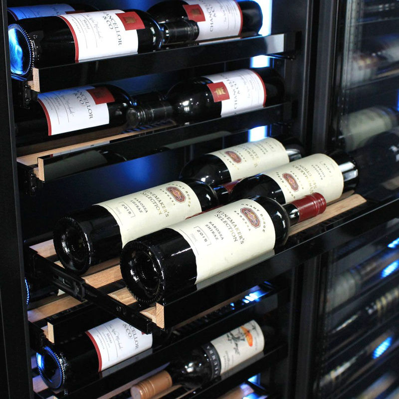 Wine Fridge | 209 Litre Upright close up view of shelving with bottles of wine on them